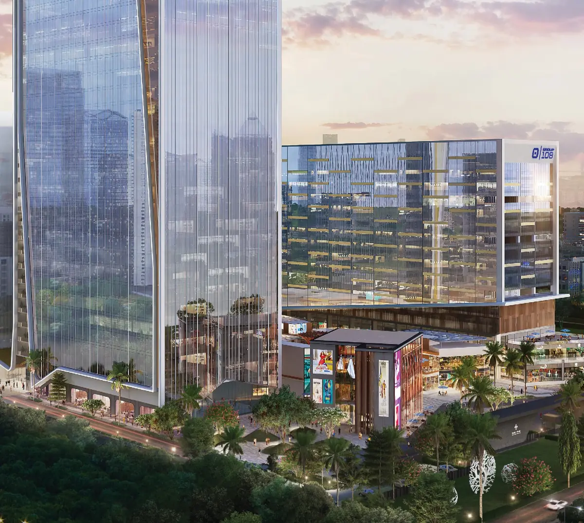 Artist's illustration of One FNG towers and retail plaza